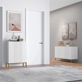 Aparador de design contemporâneo com motivos gráficos 140 x 40 x 75 cm, 2 armários com portas e prateleiras ajustáveis, em madeira branca e metal dour
