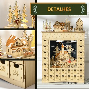 HOMCOM Calendário de Advento com Iluminação LED e 24 Gavetas de Contagem Regressiva Calendário de Advento de Madeira Decoração de Natal 36x9x52 cm Madeira