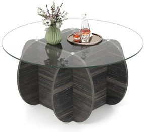 Mesa de Centro Redonda 89 x 89 x 46 cm Moderna com Tampo de Vidro Temperado e Base de Madeira Maciça Cor Carvalho Rústico Escuro