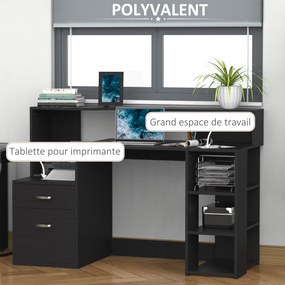Secretária com 2 gavetas, secretária com arrumação, 137 x 55 x 92 cm, prateleiras abertas e suporte para impressora, estilo moderno, secretária para c