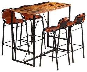 vidaXL Conjunto de bar 5 pcs madeira recuperada + couro cabra genuíno