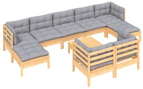 10pcs conjunto lounge de jardim + almofadões cinza pinho maciço