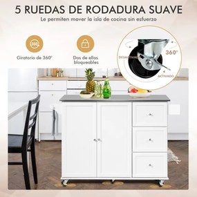 Carrinho de ilha de cozinha com bancada em aço inoxidável Estantes ajustáveis Gavetas 135 x 45,5 x 91,5 cm Branco