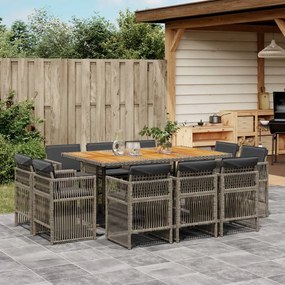 vidaXL 11 pcs conjunto jantar p/ jardim c/ almofadões vime PE cinzento