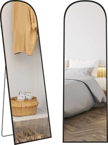 Espelho de pé retangular arredondado com moldura em alumínio e suporte, ideal para a entrada, quarto ou closet, 50 x 161,5 cm, preto