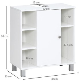 Armário Casa de Banho Móvel para Lavatório de Madeira com 5 Compartimentos Abertos 1 Porta Desenho Compacto Moderno 60x30x68cm Branco