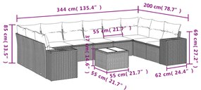 11 pcs conjunto sofás de jardim c/ almofadões vime PE bege