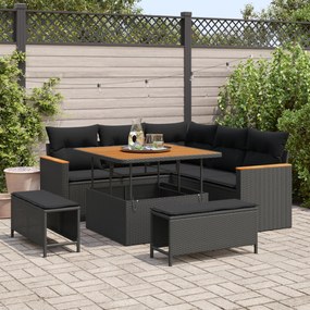 Conjunto de Sofá Jardim em 8 Peças com Almofadas Preto Rattan Poliéster e Acácia