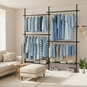 Guarda Roupa de 3 níveis, ajustável em altura e largura aberto com 4 varões e 2 prateleiras 33,5 x (162-238) x (220-300) cm preto
