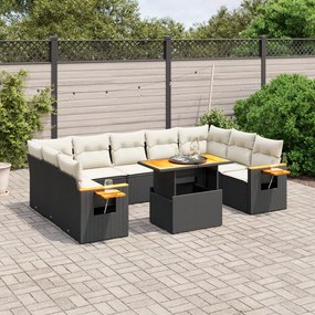 10 pcs conjunto sofás de jardim c/ almofadões vime PE preto