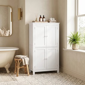 Armário de Casa de Banho, 60 x 30 x 110 cm, 4 Portas e Prateleiras Reguláveis, Branco