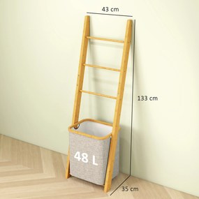 Estante para Casa de Banho de Bambu com 3 Barras e Cesto para Roupa Suja Removível de 48 L 43x35x133 cm Creme e Madeira