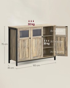 Armário aparador de cozinha com portas de vidro e estrutura de aço 35 x 100 x 75 cm Preto e castanho