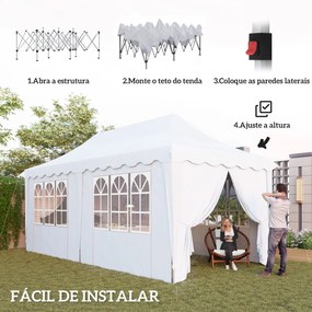 Tenda Dobrável Pop Up 596x300x315 cm com 6 Paredes Laterais Anti-UV Altura Ajustável para Campismo Festas Branco