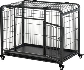 PawHut Gaiola Dobrável para Cão Caixa de Transporte com Rodízios 2 Portas Trancáveis Bandeja Amovível 94x58x69,5 cm Cinza Escuro | Aosom Portugal
