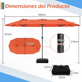 Guarda-sol duplo retangular 400 x 212 x 243 cm com base e dois sacos de areia e de manivela, 12 varas resistentes, tecido impermeável e aberturas de v