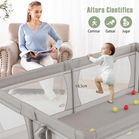 Parque para bebés 206 x 147 x 68,5 cm com rede respirável, bolsa de transporte, 50 bolas oceânicas e porta com fecho de correr  – Cinza claro