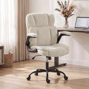 Cadeira de escritório ergonómica em chenille, função de balanço, braços rebatíveis, altura ajustável, 70 x 67 x 108 cm, bege