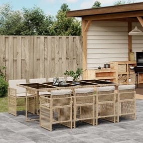 9 pcs conjunto de jantar p/ jardim com almofadões vime PE bege