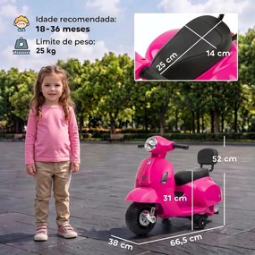 Mota Elétrica Infantil 6V para crianças 18-36 meses com Licença Mini Vespa GTS, 2 Rodas Auxiliares, Bateria de Lítio, Farol, Buzina, Encosto, Rosa