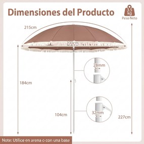 Guarda-sol de praia com franjas, 200 cm, 12 varas, ângulo de inclinação ajustável, proteção solar, estilo boémio, para jardim, pátio ou piscina, Cafe