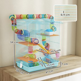 Gaiola para Hamster de Múltiplos Níveis com Sistema de Tubos 4 Plataformas e Roda de Exercício 47x30x59 cm Azul Claro