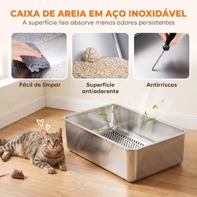 Caixa de Areia para Gatos em Aço Inoxidável com Peneira Laterais Altas Pá e 10 Resguardos Cinzento-Escuro