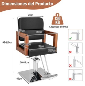 Cadeira de barbeiro / Cabeleireiro hidráulica 95-110 cm com apoios de braços em madeira Ajuste de altura giratório de 360° e bomba hidráulica para sal