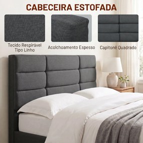 Cama Estofada 140x200 cm (COLCHÃO NÃO INCLUIDO) com Cabeceira Almofadada, Estrado de Ripas e Espaço Livre Inferior, Cinzento