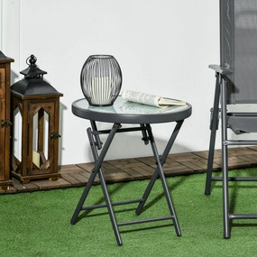 Mesa de jardim dobrável Ø45 x 50 cm, mesa auxiliar dobrável, tampo em vidro temperado com efeito mármore, estrutura redonda em metal, , cinzento escur