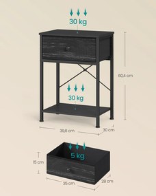 Mesa de cabeceira preta com tomada LED, 39,6 x 30 x 60,4 cm, 2 gavetas Preto