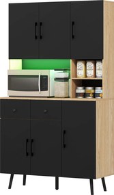 Armário de cozinha com iluminação LED RGB, bancada, 6 portas e 2 gavetas, 100 x 40 x 176 cm, preto