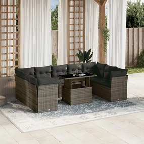 10 pcs conjunto sofás de jardim c/ almofadões vime PE cinzento