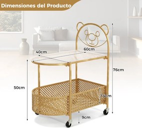Mesa de centro de vidro móvel Mesa de apoio moderna de 2 níveis com padrão de urso Rodas de cesto de metal para sala de estar Dourada