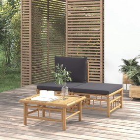 3pcs conj. lounge de jardim bambu c/ almofadões cinzento-escuro