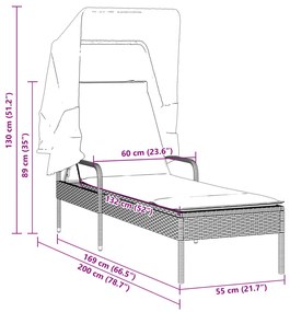 Espreguiçadeira com toldo vime PE cinzento