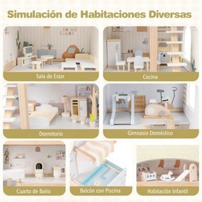 Casa de bonecas de madeira para crianças 63 x 25 x 78 cm com 33 acessórios de mobiliário, 6 quartos, para maiores de 3 anos, verde claro