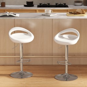 Conjunto de 2 bancos de bar com altura ajustável, encosto e apoio para os pés, giratórios a 360°, 46x41x76-96 cm, branco