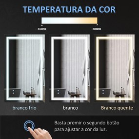 Espelho Casa de Banho com Luz LED 100x60cm Espelho de Parede com Interruptor Tátil 3 Luzes Ajustáveis Função de Memória e Estrutura de Alumínio Espelh