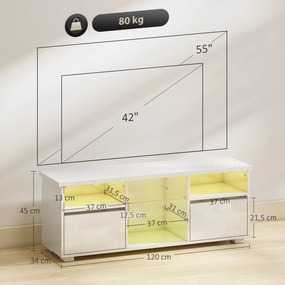 Móvel de TV 120 x 34 x 45 cm, móvel para televisores até 55 polegadas, com iluminação LED e comando à distância, prateleiras em vidro branco