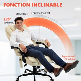 Cadeira de escritório com função de massagem, com altura ajustável, encosto reclinável e comando com fio, bege