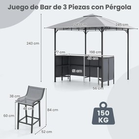 Conjunto de Tenda bar para jardim 245 x 245 x 243 cm com 3 peças com 2 bancos de bar Mesa de bar em vidro temperado Estante de armazenamento Cinza