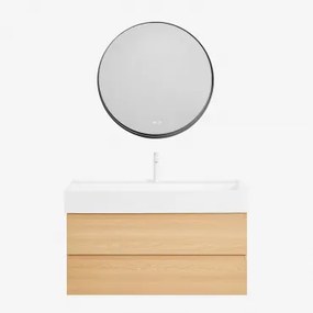 Conjunto De Móvel De Casa De Banho Em Madeira E Chapa De Freixo Com Lavatório Integrado Ona Madeira Natural & Redondo Led - Sklum