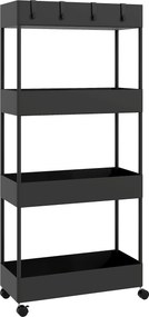 Carrinho Auxiliar com Rodas Carrinho de Armazenamento com 4 Cestas e 4 Ganchos Amovíveis 40x19x90 cm Preto