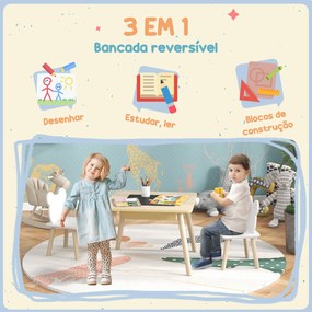 Conjunto de Mesa e 2 Cadeiras com Encosto em Forma de Ursinho e Compartimentos Ocultos Madeira e Branco