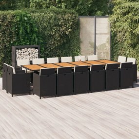 vidaXL 17 pcs conjunto jantar p/ jardim c/ almofadões vime PE preto