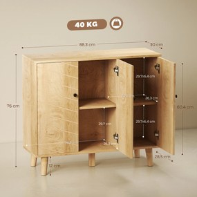 Aparador de cozinha 88,3 x 30 x 76 cm, móvel de arrumação com 3 portas com padrão em ziguezague e pés em madeira de pinho, madeira natural
