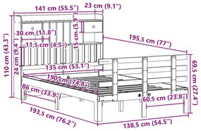 Cama com estante sem colchão 135x190 cm pinho maciço branco