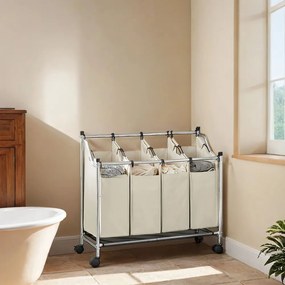 Cesto para roupa suja com rodas, 4 x 35 L, com 4 sacos removíveis 87,5 x 38,5 x 67/81 cm Bege
