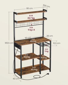 Armário de Cozinha com tomadas e cesto 40 x 90 x 165,5 cm Castanho vintage e Preto